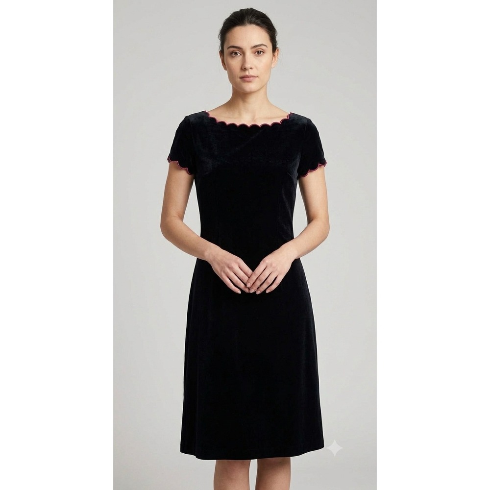 VTG Karin Stevens Velvet Dress Women 8 Black Scalloped Trim V-Back Deadstock